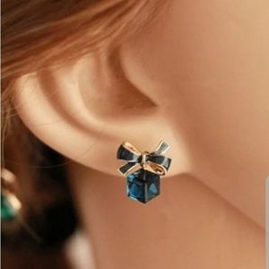 Blue Bow Cube Earrings